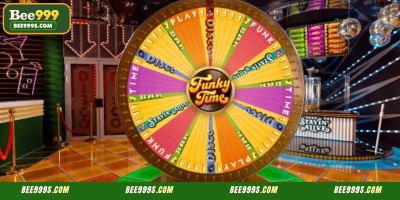 Professional live host interacting with the colorful Funky Time wheel and multipliers